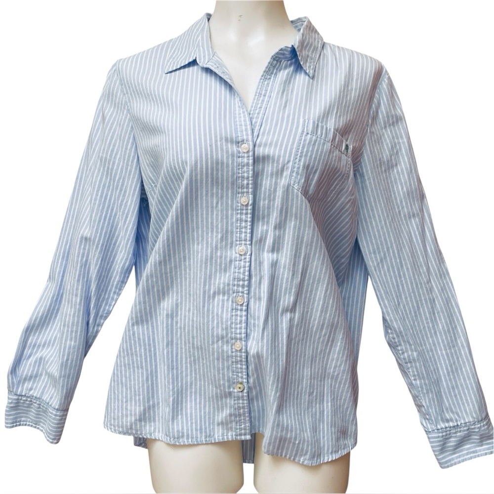 Tommy Hilfiger Blue White Striped Cotton Button Down Shirt XL Preppy Elbow Patch